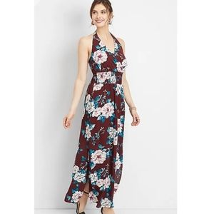 Maurices Brown Multicolor Floral Halter V-Neck Maxi Dress Size Medium